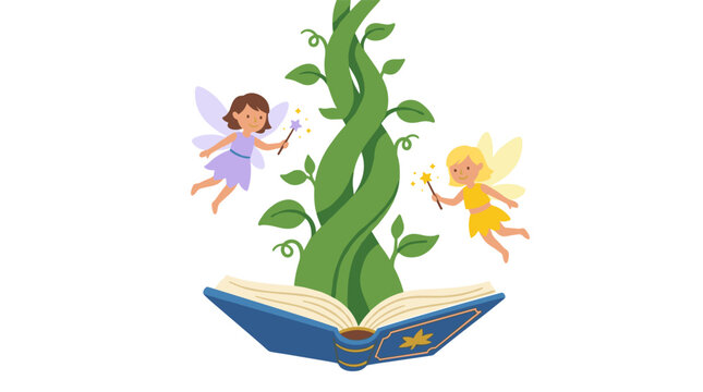 Two tiny fairies with magic wands fly around a giant beanstalk growing from an open book, flat design vector illustration