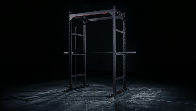 Empty Gym Squat Rack in Dark Fitness Studio, Steel Power Cage for Weightlifting and Strength Training Equipment