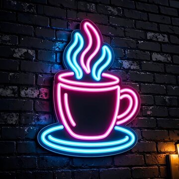 Neon coffee cup sign on a dark brick wall background
