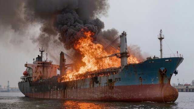 Cargo ship on fire with intense flames and thick black smoke billowing from deck in port