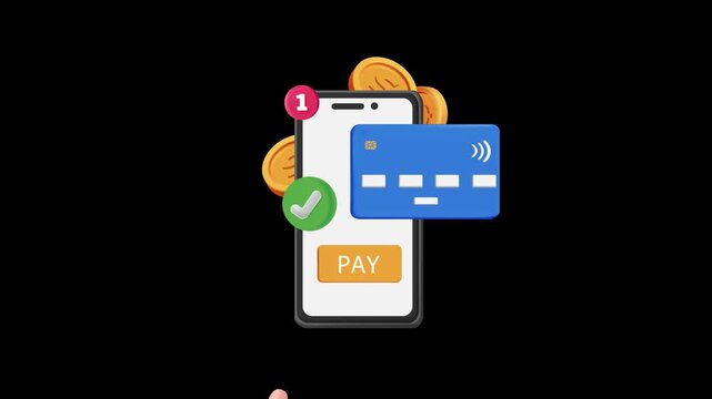 Animated online payment concept with smartphone, bank card, coins and pay button showing secure mobile transaction and digital banking