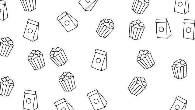 Seamless fast food pattern featuring popcorn and takeaway paper bags line art