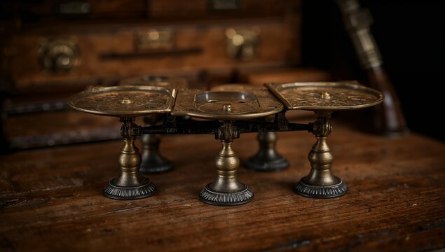 Antique Brass Weighing Scale Pans on Wooden Table, Vintage Balance Instrument