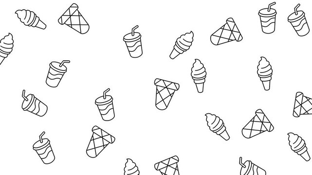 Seamless fast food pattern featuring ice cream and soda cup line icons