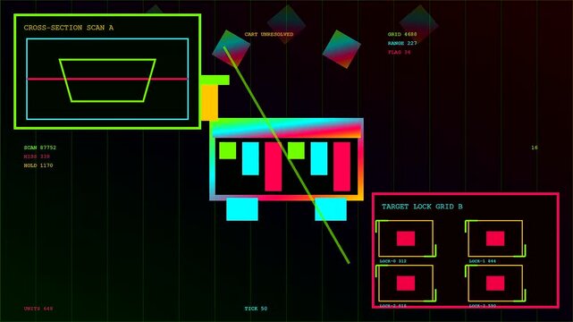 A conceptual basket abandonment visualization shown across three shifting digital display interfaces with neon green outlines and multicolored geometric elements tracking movement on dark grid screens