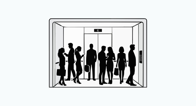 Silhouette of business people standing inside an elevator lift in an office building
