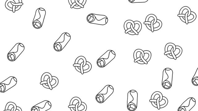 Minimalist Line Art Fast Food Pattern with Pretzels and Burritos