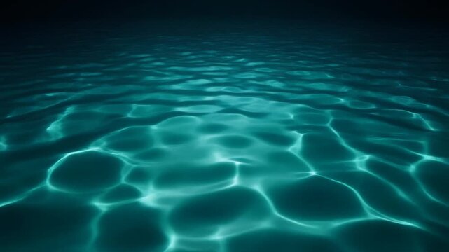 Deep turquoise water surface with sunlight caustics pattern rippling in a calm swimming pool