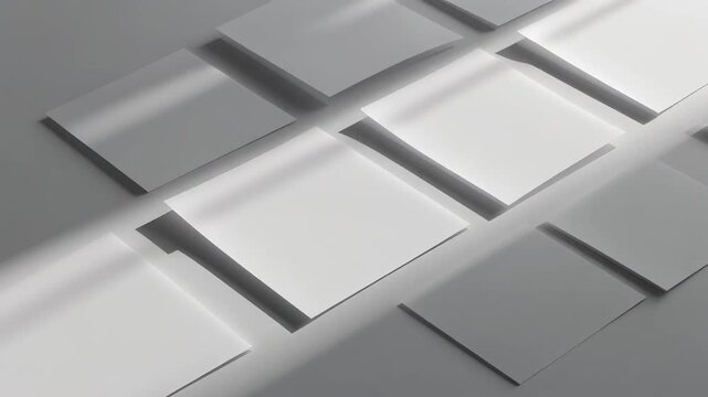 Minimalist abstract layout with square shapes in shades of gray and white with soft lighting shadows