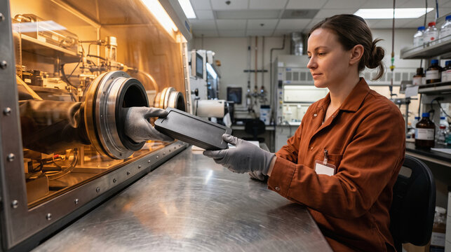 Sealed solid-state cell sample exits the research glovebox