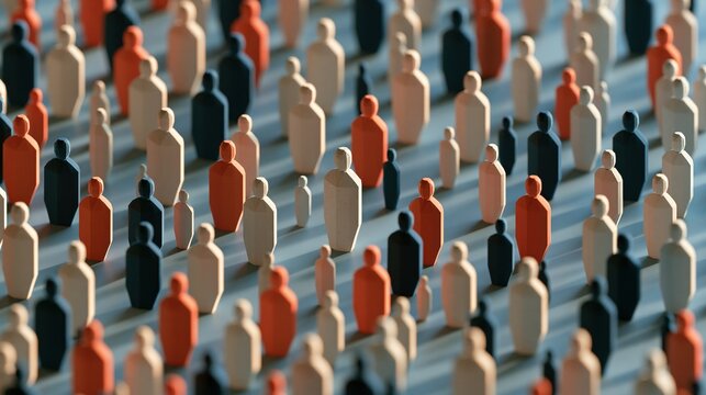 Small wooden figurine figures standing in a dense crowd representing social diversity