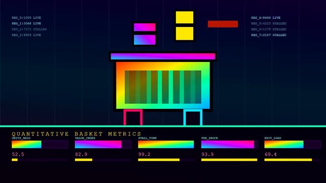 Basket abandonment metrics visualised through multiple colorful data monitors showing complex numeric scrolling stats and glowing progress bars within a dark interface for digital tracking