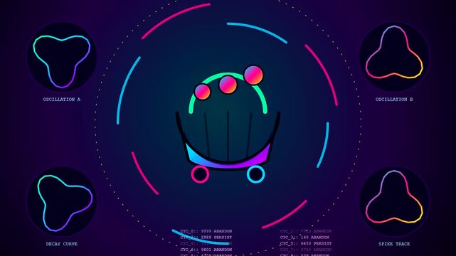 Basket abandonment visualization shows a digital shopping cart icon with floating circular spheres moving through a dark purple circular interface with glowing data lines