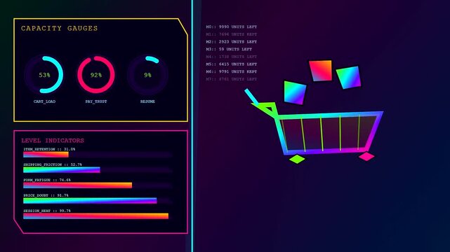 Digital displays showing basket abandonment analytics featuring holographic shopping carts with colorful floating boxes and updating data gauges in a vibrant dark mode software interface