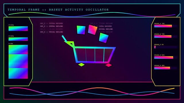 Digital displays showing basket abandonment analytics featuring glowing neon shopping cart icons floating squares and colorful oscillating data lines on a dark gradient computer interface screen