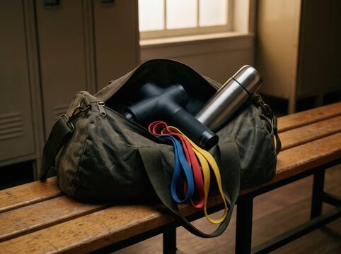 Olive green gym duffel bag containing black massage gun metal water bottle and colorful resistance bands inside a locker room