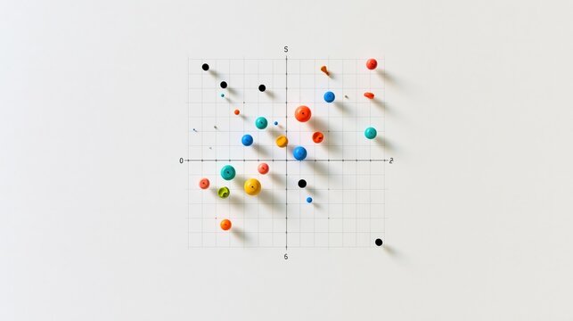 Scatter plot chart with colorful pushpins on white board showing data points and analysis concept
