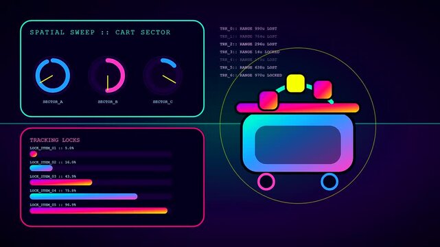 Digital basket abandonment metrics display on a dark screen showing cart sector graphical data points with cycling line charts and fluctuating progress bars in neon gradients
