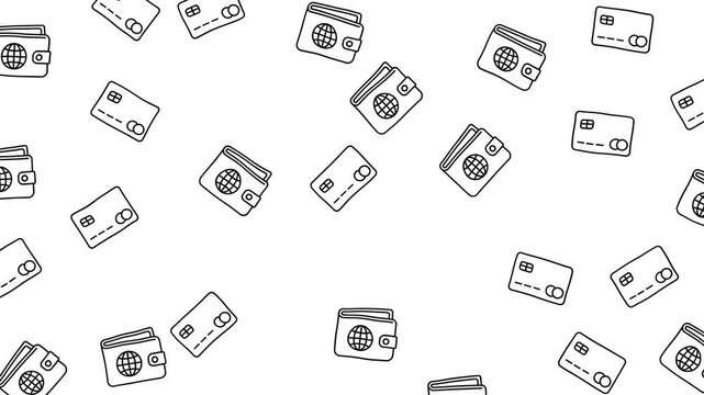 Seamless pattern with wallet and credit card line icons on white background