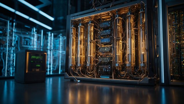 Futuristic quantum computing research laboratory with a high-tech golden supercomputer and complex wiring network