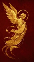Fototapeta premium Golden angel wallpaper with ethereal wings on deep red background for mobile phone