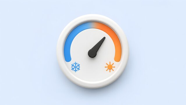 3D rendering of a temperature gauge dial with sun and snowflake icons pointing to hot setting for HVAC thermostat and climate control concept