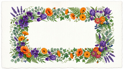 Fototapeta premium Floral border design with orange roses, purple lavender, and green foliage framing empty rectangular space