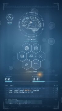 Vertical AI dashboard with a digital brain core, service hexagons and a live code console