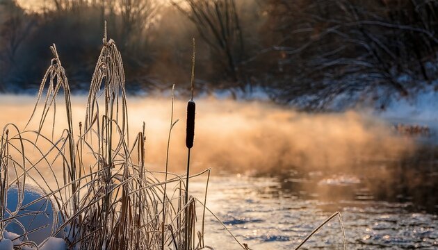 A Slender Cattail Stands In Sharp Focus Against The Soft Morning Glow Of Willow Creek In Waukesha County Wisconsin During A Calm Winter Dawn