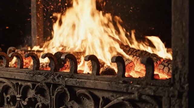 Warm burning firewood inside a dark vintage iron fireplace with glowing embers and bright dancing flames