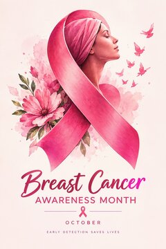 Breast Cancer Awareness Month Pink Ribbon with Flowers and Cancer Cells, Medical Oncology Concept