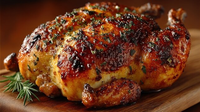 A close-up shot of a golden-brown roasted poultry with herbs on a wooden cutting board