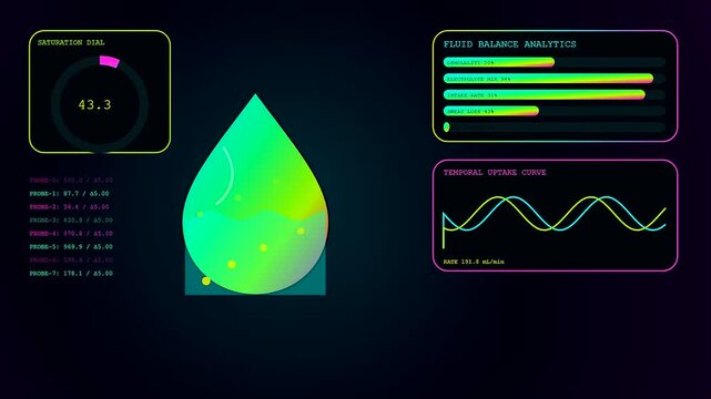 Displaying recovery analytics in a digital dashboard interface showing changing fluid levels and wave charts on a dark screen representing modern medical software user interface
