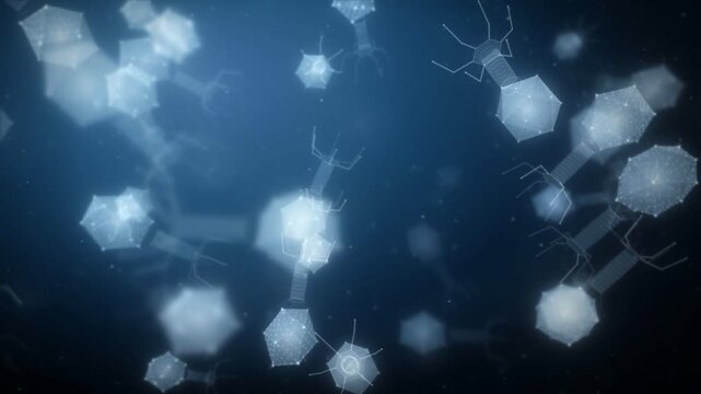 Bacteriophage virus particles drifting in blue fluid, microscopic seamless loop