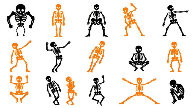 Cartoon skeleton and bone figures dancing and posing
