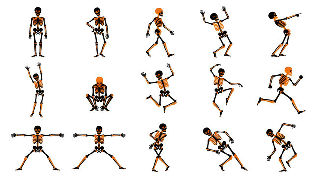 Skeleton figures dancing and exercising with highlighted bones