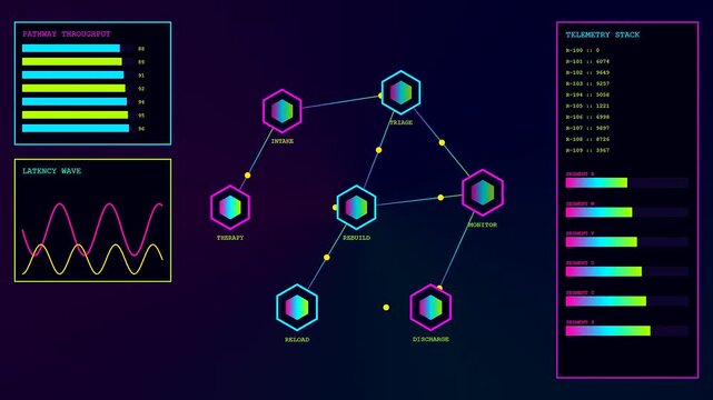 Displaying recovery analytics in a digital dashboard interface showing flow charts and telemetry data movement across glowing geometric shapes set against a dark purple ambient screen