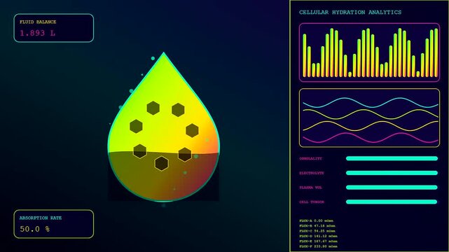 Digital recovery analytics interface displaying fluid balance metrics with hydration levels represented by rising neon liquid inside a glowing droplet shape for advanced medical monitoring