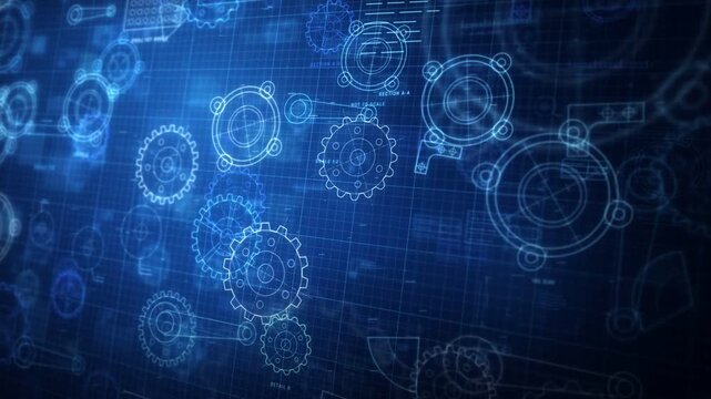 Engineering blueprint background with rotating gear drawings on a blue technical grid, loop