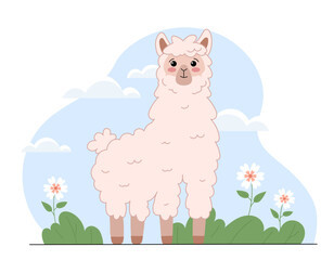 Fototapeta premium Cute fluffy alpaca standing in a meadow with flowers, green plants, clouds and pastel blue background, adorable animal character, vector illustration