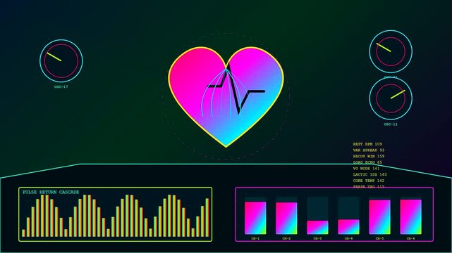 Monitoring recovery analytics with glowing heart monitors displaying fluid pulsing wave patterns and colorful bar charts on a digital interface showing vital signs in real time