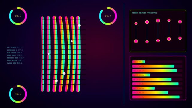 the recovery analytics interface displays shifting vibrant data patterns and glowing neon bars across three side by side panels showing complex digital system process monitoring