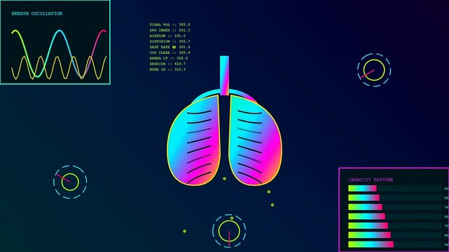 a glowing digital lung model showing recovery analytics during a medical diagnostic screen simulation featuring vibrant neon waveforms and bar charts in a dark virtual environment