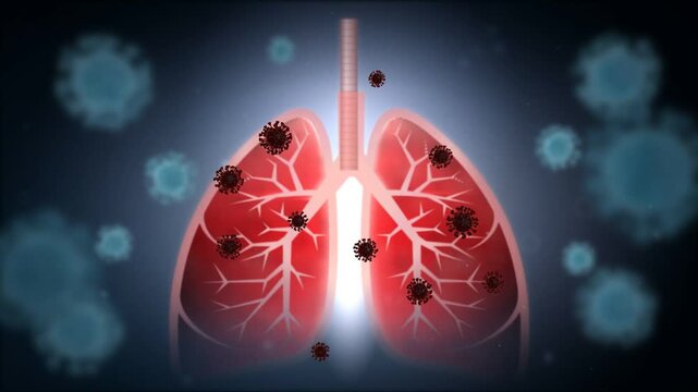 Human lung infection concept with virus particles spreading across glowing red lungs