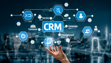 Dynamic illustration showcasing various CRM concepts through icons and interconnected visuals,...