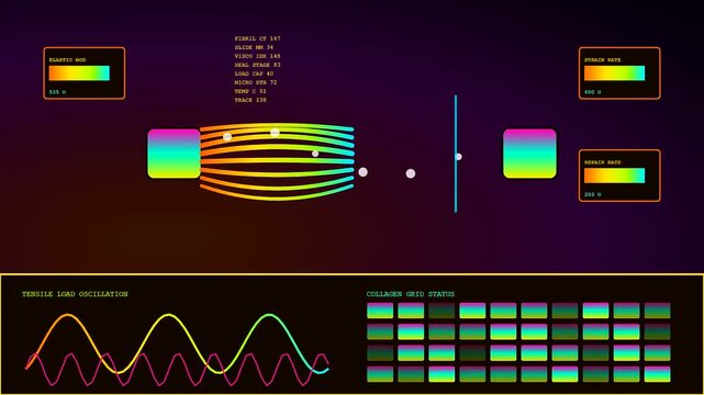 Medical display showing recovery analytics and tensile load oscillation during collagen grid status monitoring for scientific research on tissue repair and elastic modulus performance metrics