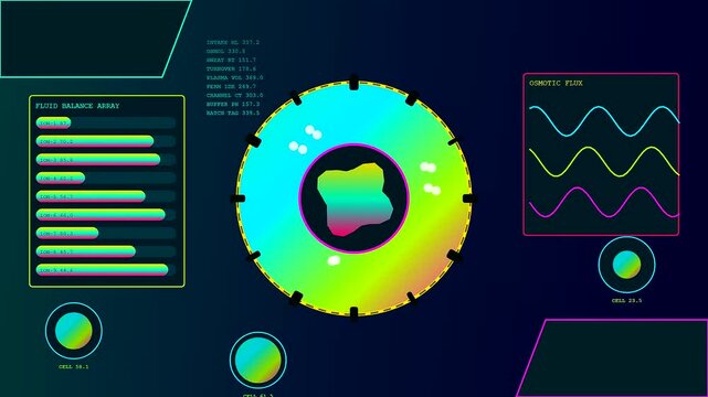 Displaying recovery analytics in a motion graphic interface that cycles through colorful holographic circular charts and oscillating wave patterns across a dark digital panel environment