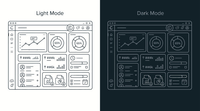 Comparison of light and dark mode user interface dashboard design layouts in linear outline style with side showcasing light mode visual themes themes data charts two dashboard application graphs