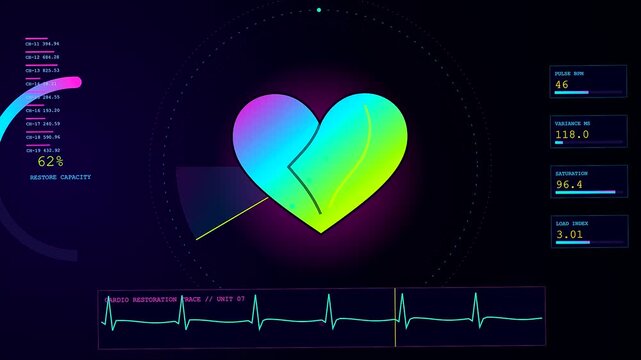 Digital heart recovery analytics dashboard showing declining vital signs with fluctuating pulse bpm and saturation levels across a dark interface featuring animated graphical data monitor screens