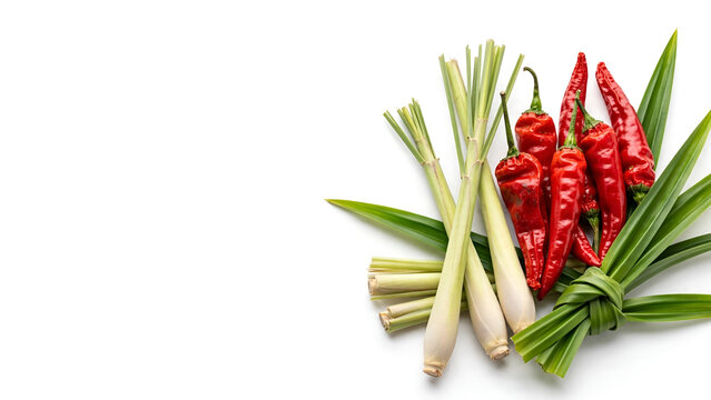 Red Chili Lemongrass and Pandan Leaves with Large Copy Space